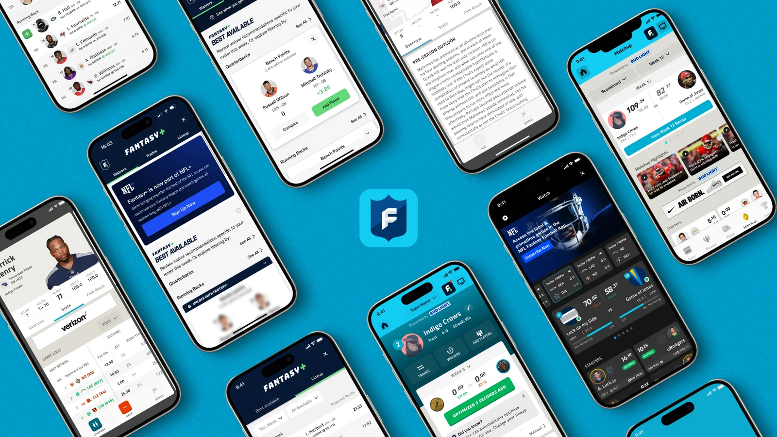 NFL Fantasy app suite showing lineup, waivers, matchup and watch screens